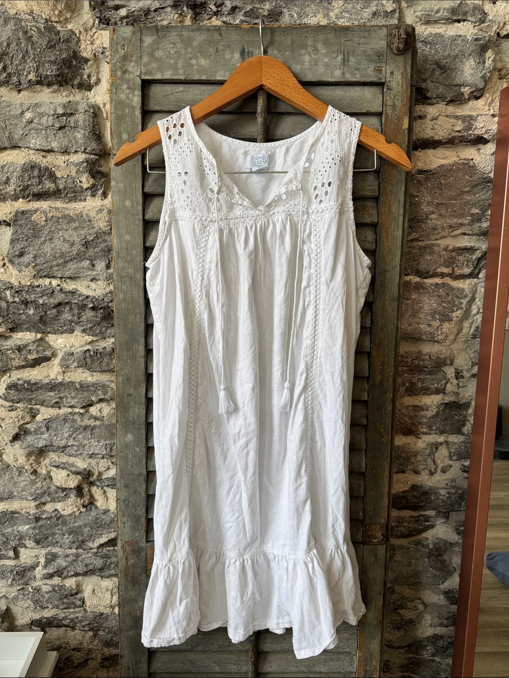 Sigrid Olsen White Eyelet Midi Dress with Tassel Neck